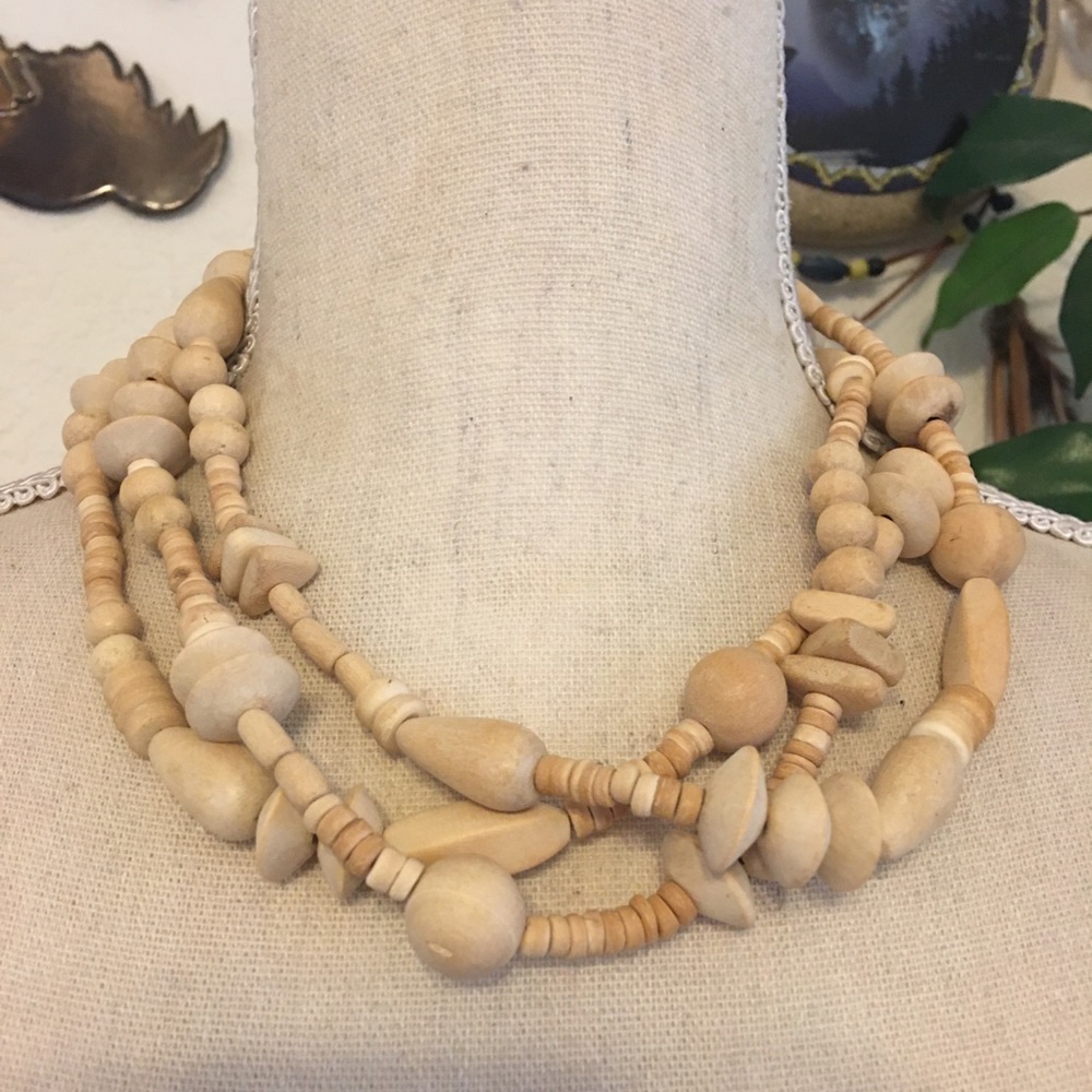 Vintage triple strand wood bead choker necklace